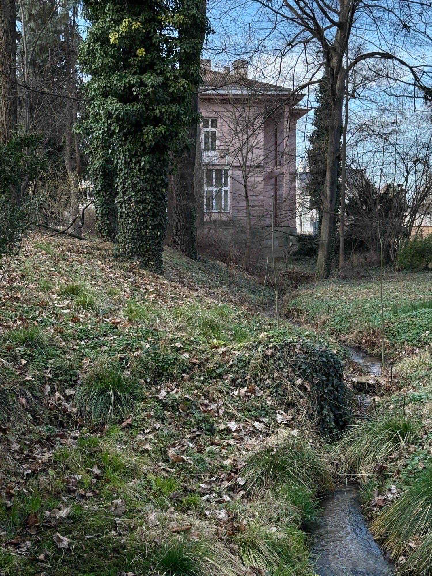 Zarostlý park s potokem a vilou v pozadí